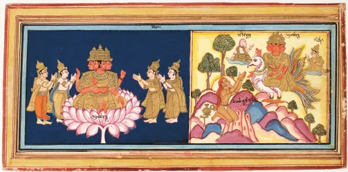 Worship of Brahma and Brahma on His Swan in the Mountains with Ascetics